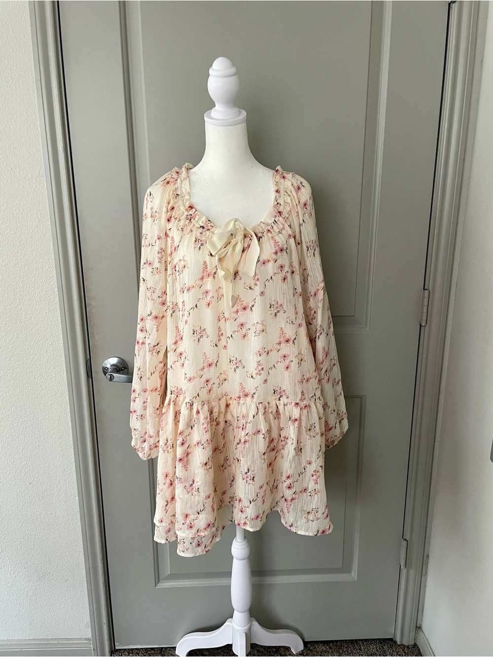 Boheme Cream Floral Mini Dress with Pink Blossoms